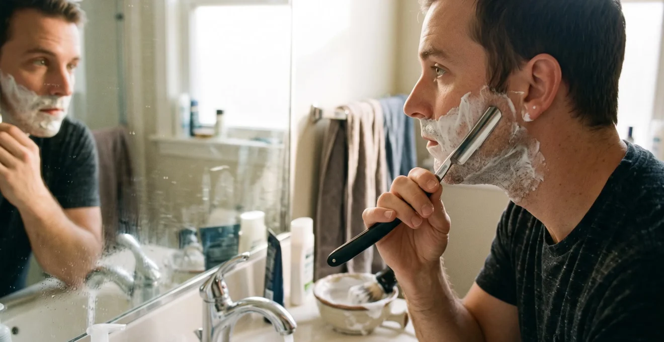 Un homme se rase avec un coupe-chou devant un miroir de salle de bain, le visage couvert de mousse, tenant la lame à plat contre sa joue.