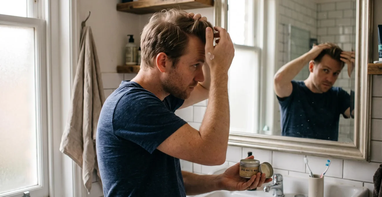 Un homme applique une petite noisette de cire coiffante chauffée entre les doigts sur ses cheveux fins secs, devant le miroir d'une salle de bain.