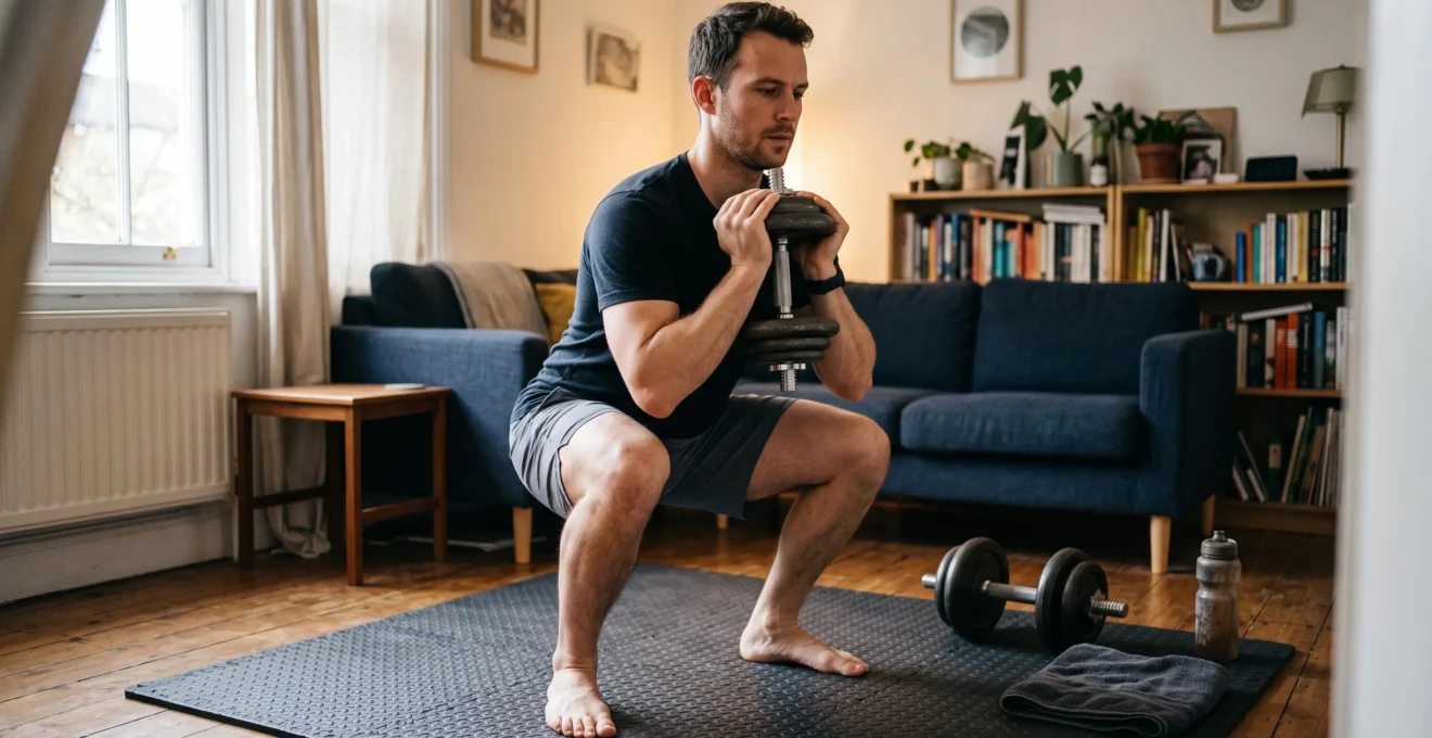Un homme réalise un squat gobelet avec un haltère dans son salon aménagé, le dos maintenu en position neutre.