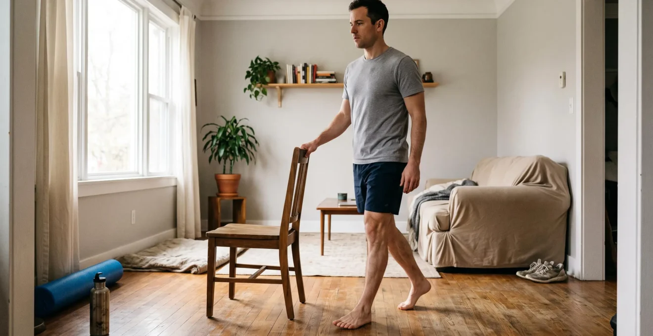 Un homme marche lentement dans son salon au réveil pour relancer la circulation après une séance d'entraînement intense de la veille.